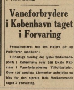 Tyskerne tvangsindrykkede telegrammer i de danske aviser om aktionerne mod de såkaldt asociale og vanekriminelle. Klippet stammer fra Kristeligt Dagblad.